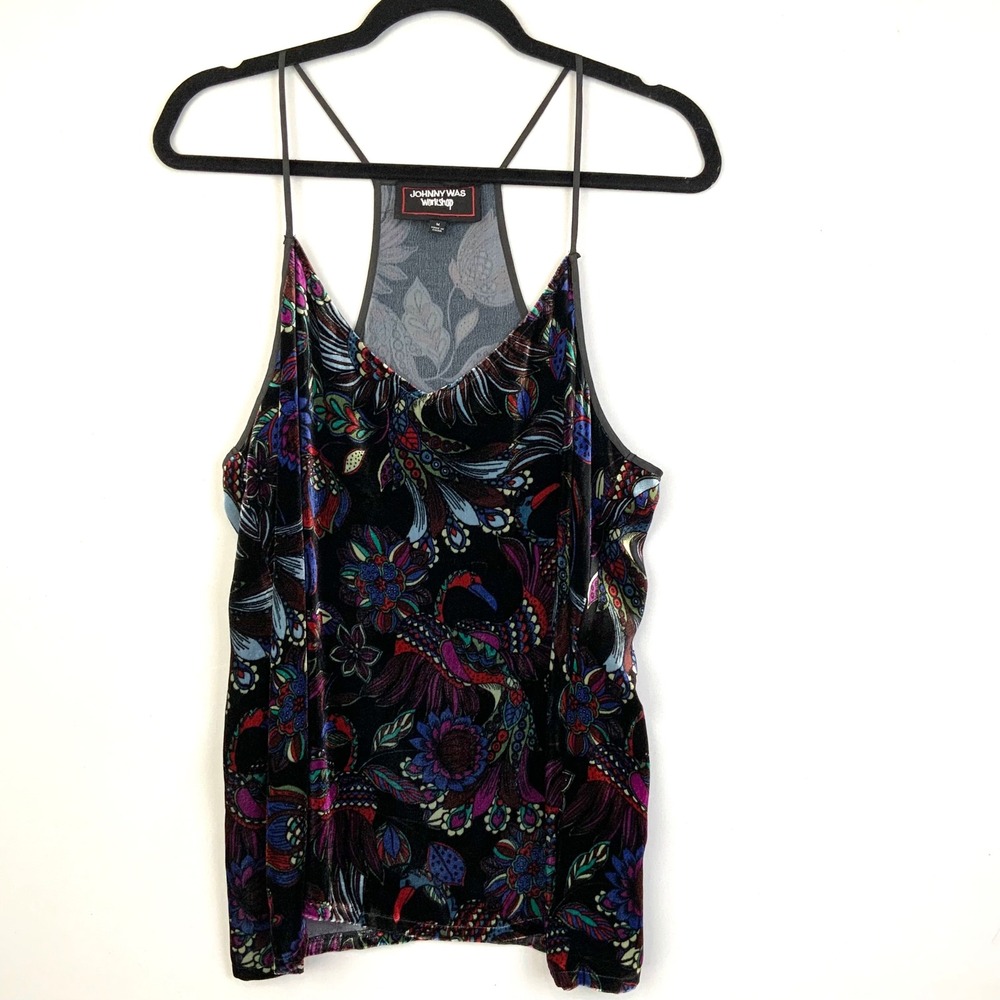 Johnny Was Medium Silk Blend Floral Peacock Blue Pink Black Velvet Camisole Tank